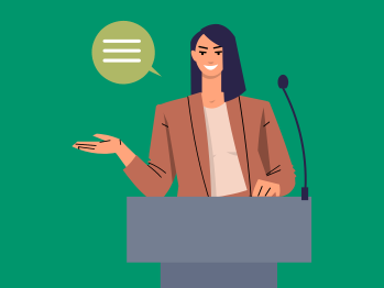 An image of a woman standing in a podium giving a speak 